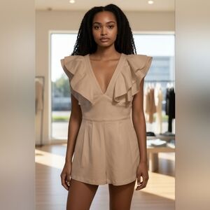 Ruffled V-Neck White Denim Romper